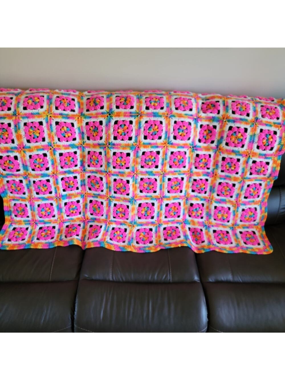 Afghan Pink Multicolor Crochet Knit Handmade Crafted Flower Throw Blanket Granny